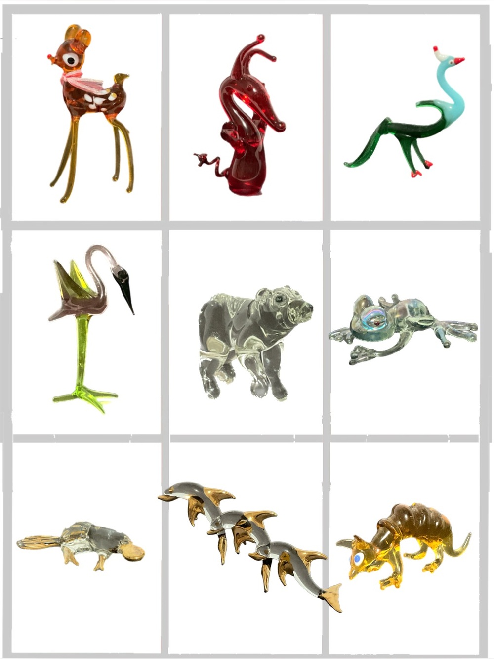 Glass Menagerie - 9 Hand Blown - Platypus Flamingo Dragon Dolphins Armadillo